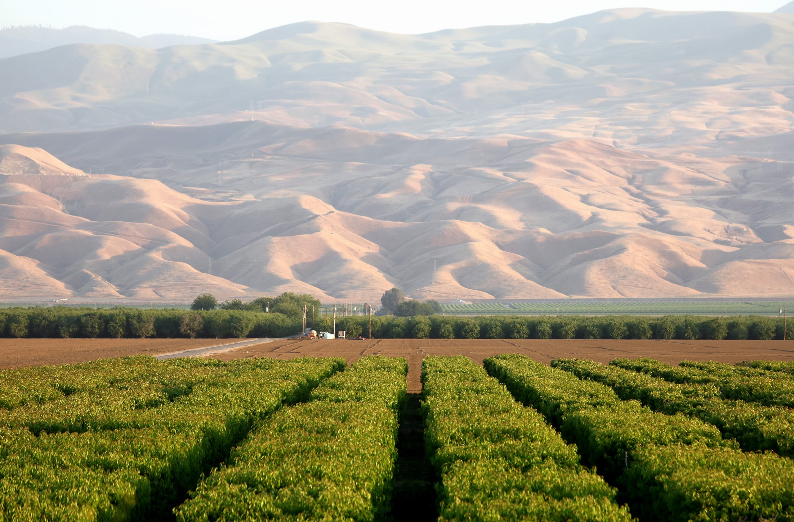 BAKERSFIELD, CALIFORNIA - MAY 04: Mountains stand above agricultural fields in Kern County on May 4, 2022 near Bakersfield, California. A water shortage emergency has been declared in Southern California with water restrictions beginning June 1st for 6 million residents amid drought conditions. (Photo by Mario Tama/Getty Images)